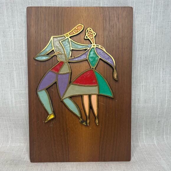 Mid Century Enamel on Brass Wood Dancers Plaques Dayagi Israel Style Vintage - Picture 6 of 11